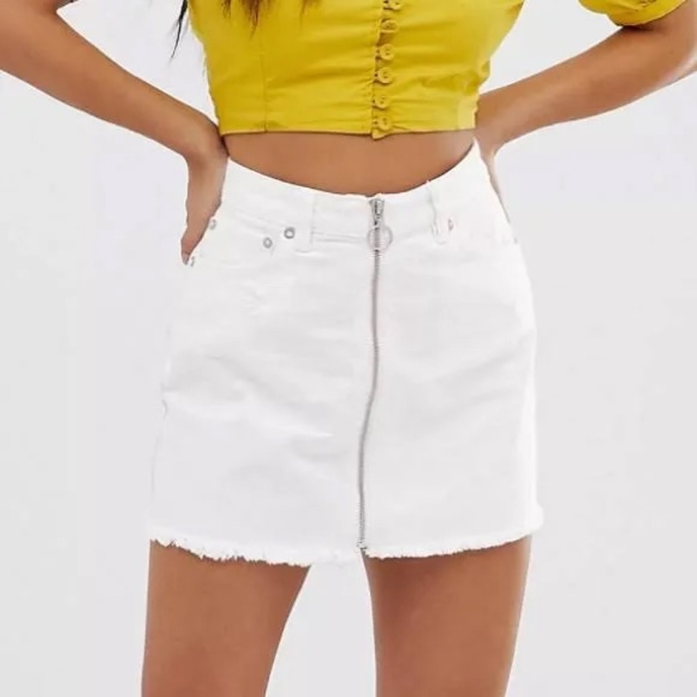 White Front-Zip Denim Mini Skirt